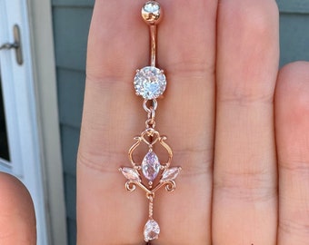 Rose Gold Belly Button Piercing Dangly, Elegant Long Navel Jewelry Piercing, Cute Drop Belly Button Rings, Cute Rose Gold Navel Jewelry