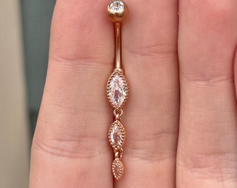 Marquise Crystal Rose Gold Belly Button Ring | 14g 10mm Dangly Dainty Belly Ring Gold | Drop Belly Ring Jewelry Navel Ring