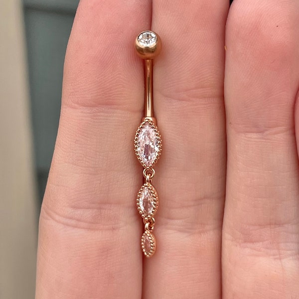Marquise Crystal Rose Gold Belly Button Ring | 14g 10mm Dangly Dainty Belly Ring Gold | Drop Belly Ring Jewelry Navel Ring