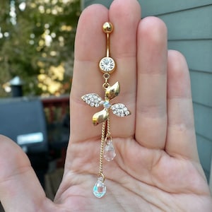 Dangly Belly Button Ring, Flower Belly Button Piercing Jewelry Gold, Long Belly Navel Piercing Ring, Cute Gold Plated Flower Belly Jewelry