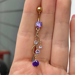 Dangly Gold Belly Button Ring | Purple Crystal Dainty Minimalist Belly Rings | Long Delicate Navel Ring  Surgical Steel Belly Ring Statement