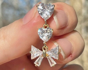 Gold Heart & Bow CZ Belly Ring, Top Down Navel Jewelry