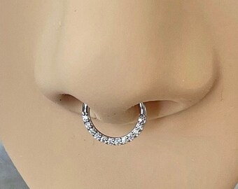 14K White Gold CZ Septum Ring, Dainty Piercing Hoop