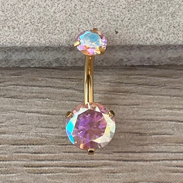 Gold Belly Button Ring Internally Threaded Pink Aurora | Dainty Delicate Belly Button Ring Jewelry | Color Shift Changing Belly Rings Navel