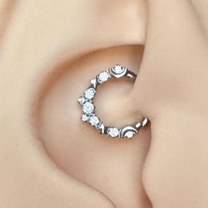Silver Moon and Star Daith Earring, Titanium Celestial Clicker Hoop, Piercing Jewelry