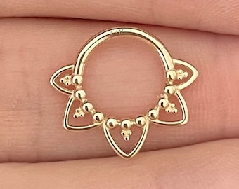 14k Solid Yellow Gold Septum Ring, Petal-Inspired Clicker Hoop, Timeless Elegant Piercing Jewelry