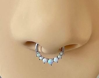 14K White Gold Septum Ring – Opal Clicker Hoop Piercing, Solid Gold Fine Body Jewelry