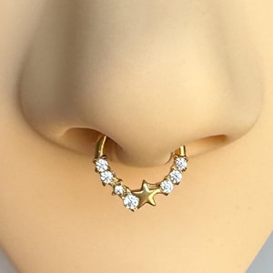 Gold Star Septum Ring, Celestial Clicker Hoop, Dainty Surgical Steel Piercing Jewelry
