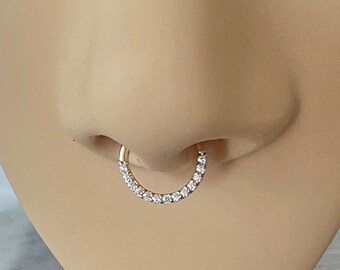 14K White Gold Septum Ring, Solid Gold CZ Clicker Hoop, Dainty Fine Jewelry Piercing