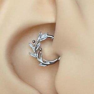 Silver Olive Branch Daith Earring, Implant Grade Titanium Clicker Hoop Piercing, Cartilage Jewelry