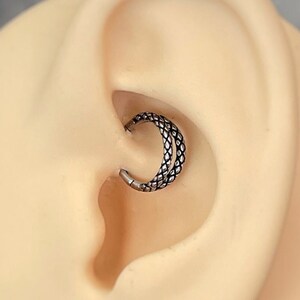 16G Double Hoop Daith Earring, Silver Daith Ring Clicker, Minimalist Cute Daith Ring Piercing, Silver & Black Punk Daith Jewelry