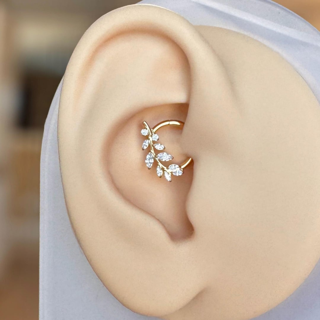 Gold Leaf Daith Earring, Titanium Clicker Hoop With Marquise CZ ...