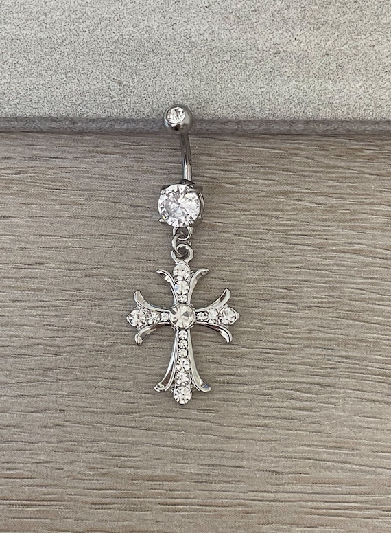 Gold Plated 2 Dangle Religious Cross Clear CZ Drop Dangle Belly Button Navel Ring Gold Plated 2 Dangle Religious Cross Clear CZ Drop Dangle Belly Button Navel Ring