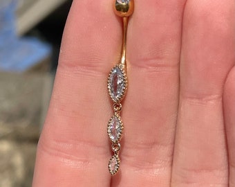 Gold Dangly Marquise Crystal Belly Ring | 14g Surgical Steel Navel Jewelry