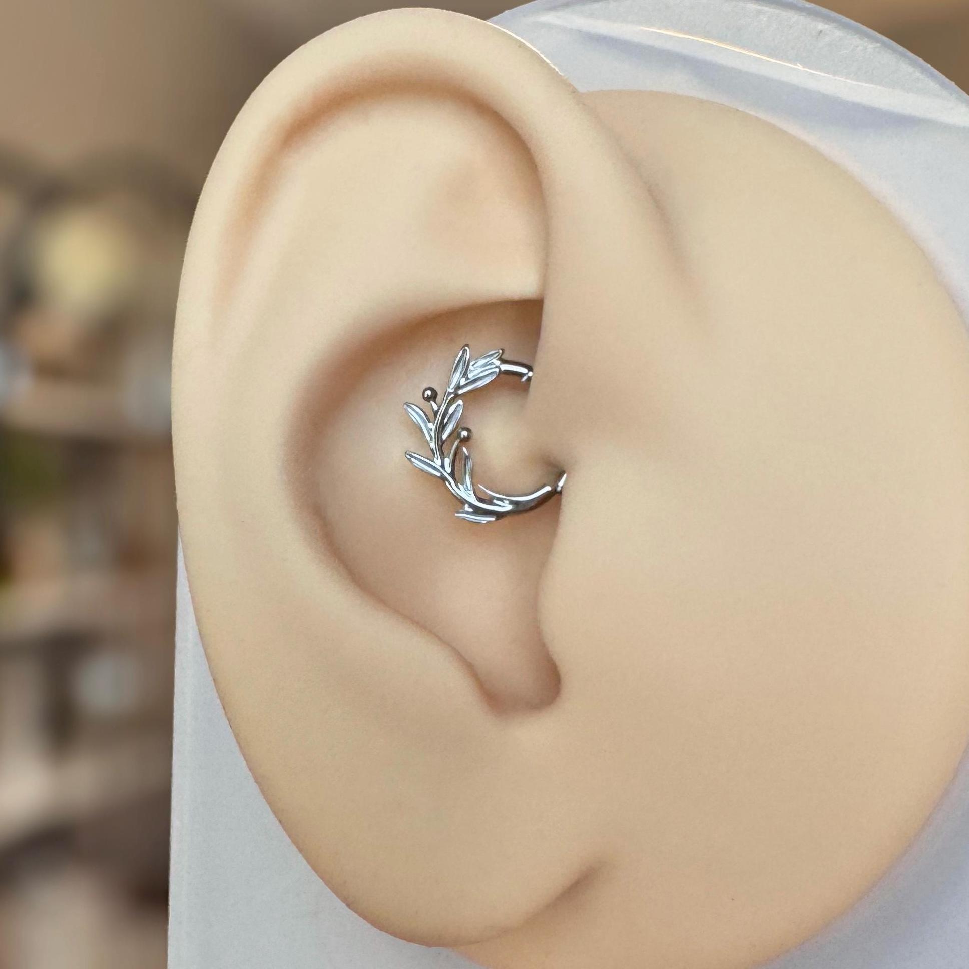 Silver Olive Branch Daith Earring, Implant Grade Titanium Clicker