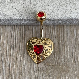 Gold Belly Button Ring, Red Heart Unique Delicate Belly Button Piercing, Belly Button Jewelry Gold Navel Ring, Navel Jewelry, Navel Piercing