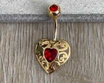 Heart Gold Elegant Belly Button Ring | Red Crystal Unique Delicate Vintage Belly Rings | Ornate Vintage Dainty Statement Navel Ring