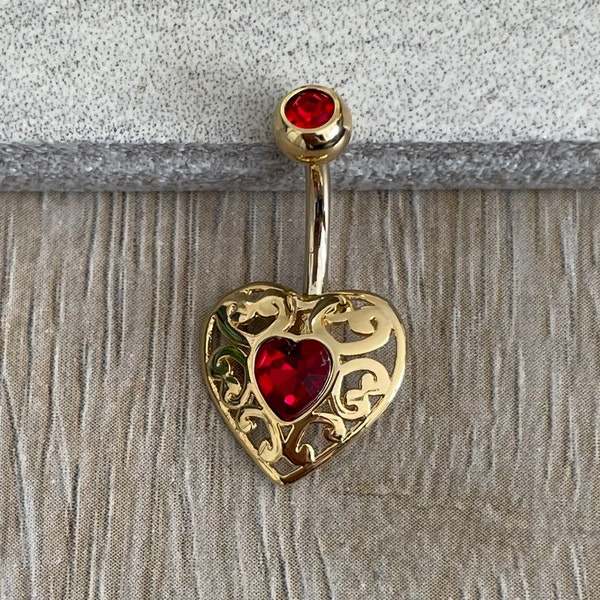 Heart Gold Elegant Belly Button Ring | Red Crystal Unique Delicate Vintage Belly Rings | Ornate Vintage Dainty Statement Navel Ring