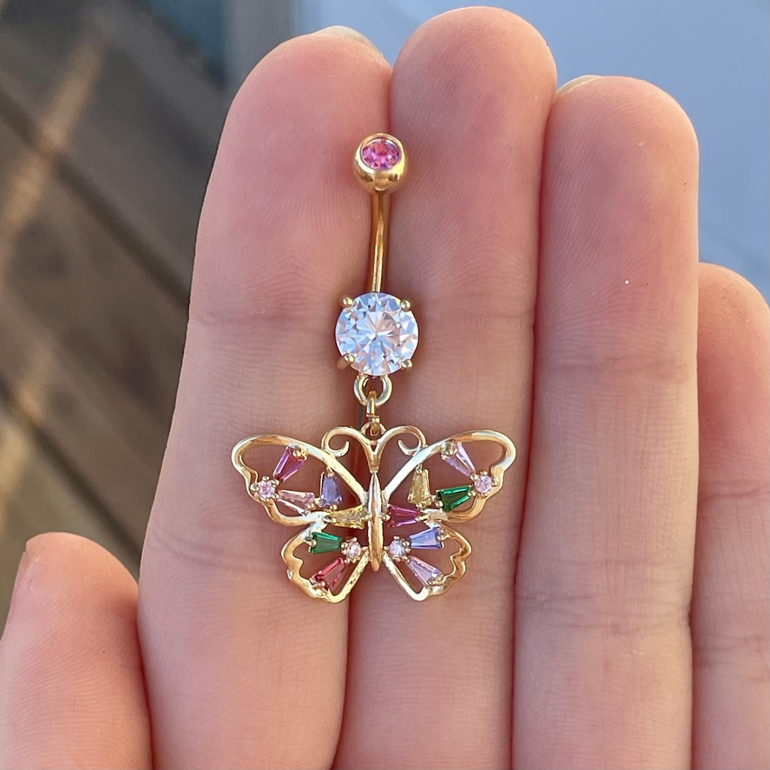 Gold Butterfly Belly Button Ring | Colorful Butterfly Navel Jewelry ...