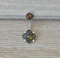 Color Shifting Double Flower Belly Button Ring, CZ Floral Navel Piercing, Surgical Steel Belly Jewelry for Women