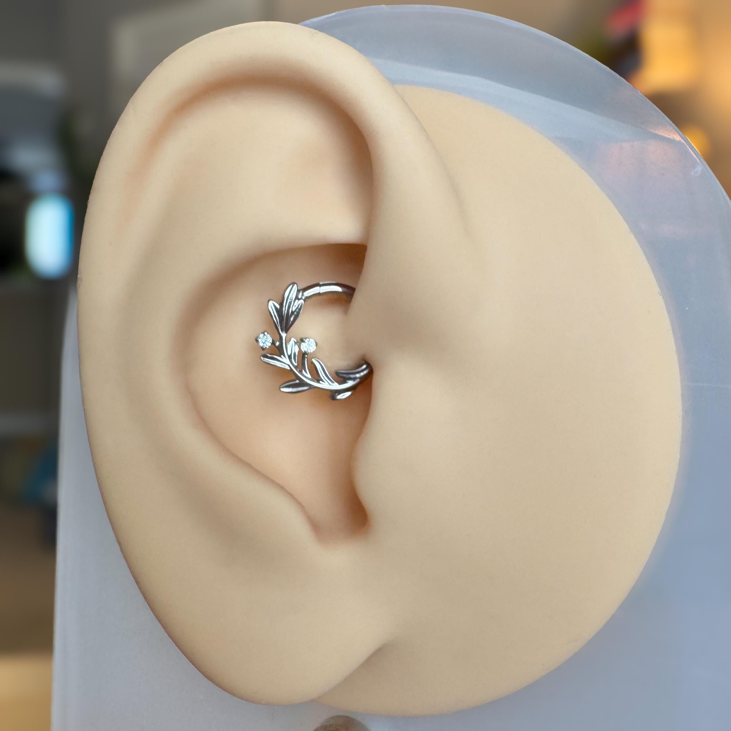 Olive Branch CZ Daith Earring, Titanium Clicker Hoop, Cartilage
