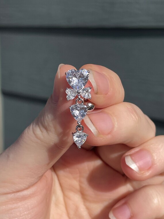Fancy Clear CZ Heart with Gem Drop Belly Button Navel Ring Fancy Clear CZ Heart with Gem Drop Belly Button Navel Ring