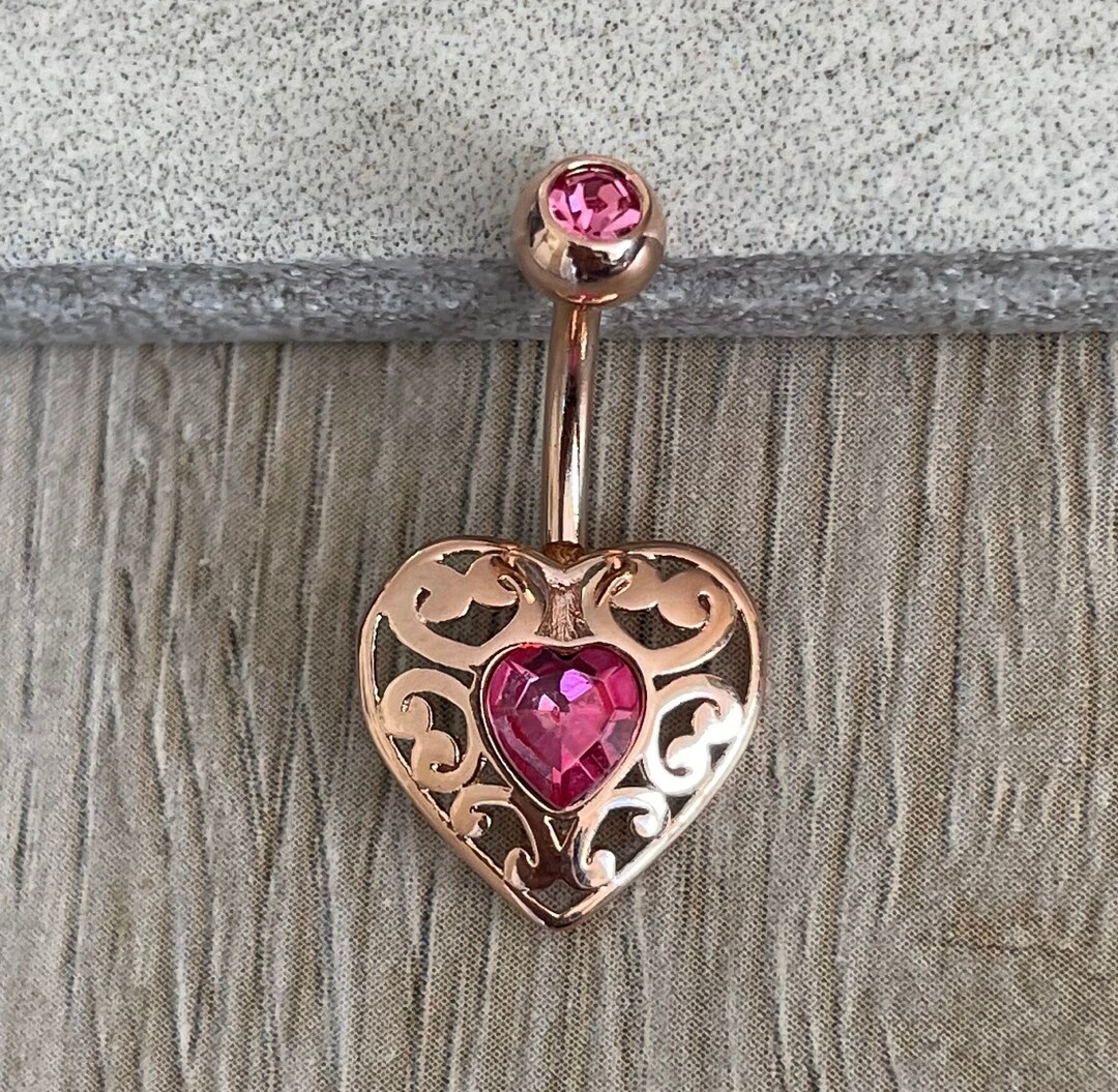 Heart Pink Gold Elegant Belly Button Ring Dangly Delicate Vintage Belly