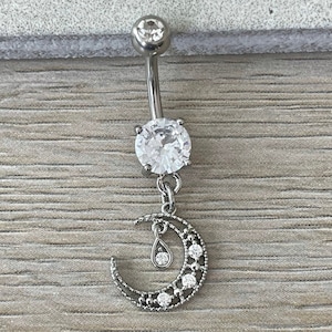 Silver Moon Belly Button Ring | Dainty Delicate Belly Ring | Elegant Celestial Star Belly Rings | Unique Cute Navel Belly Button Jewelry