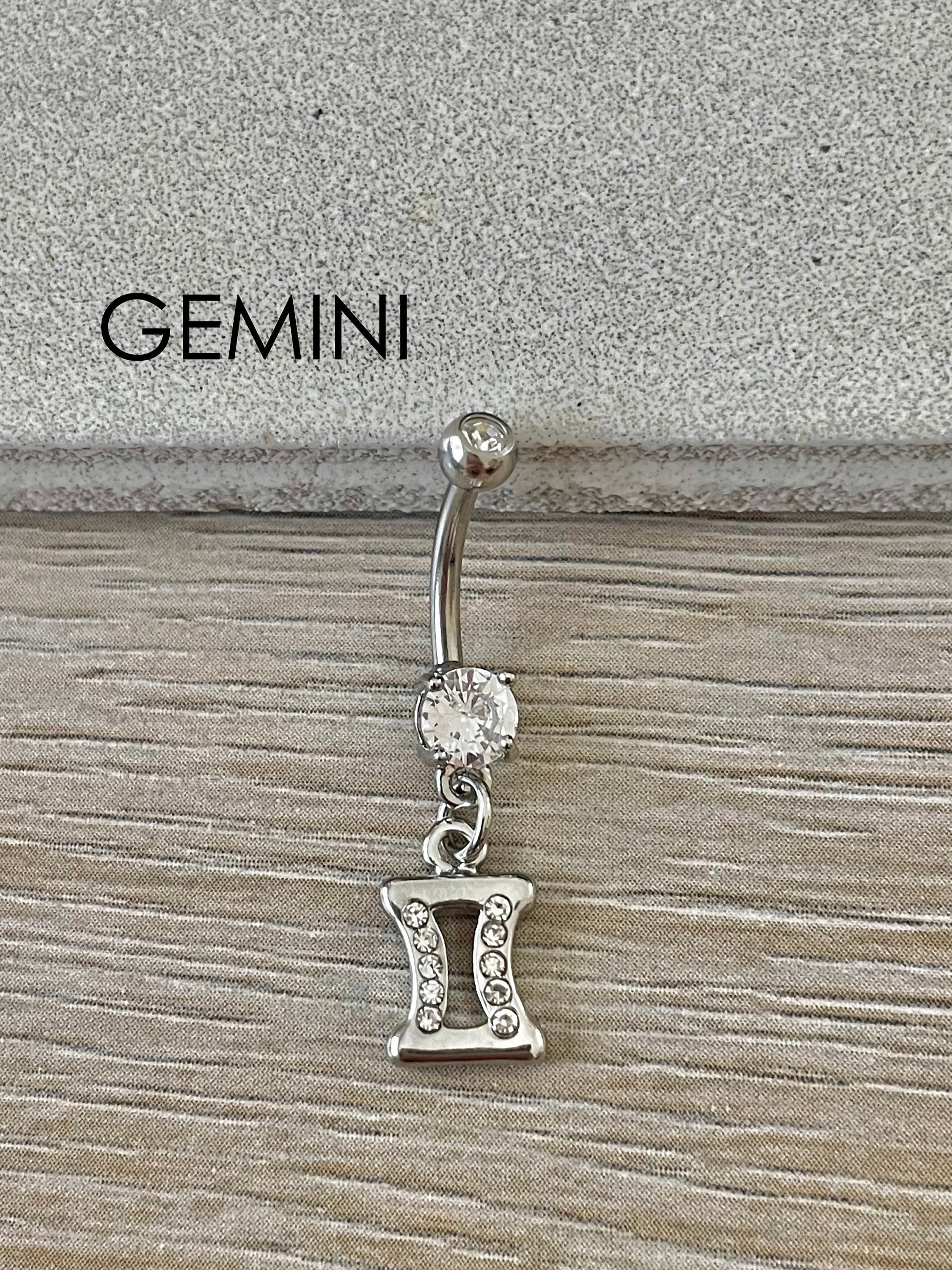 Silver Gemini Belly Button Ring Zodiac Dainty Belly Ring CZ Belly