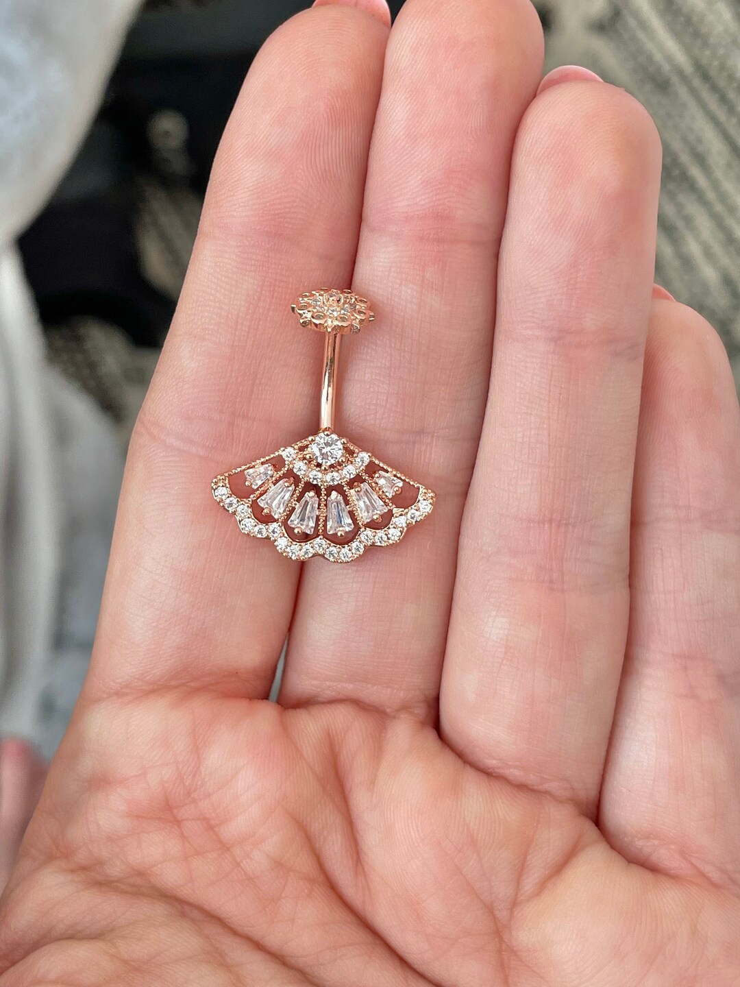 Rose Gold Fan Internally Threaded Belly Button Ring CZ Belly Jewelry