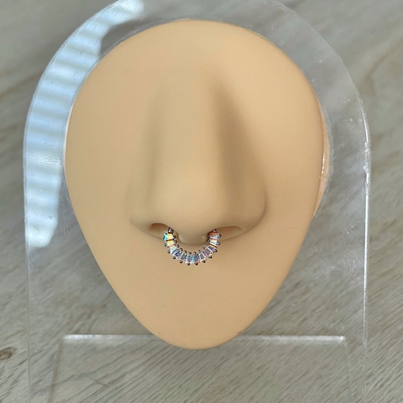 Silver Titanium Septum Ring, Aurora CZ Clicker Hoop, Implant-Grade Minimalist Piercing Jewelry