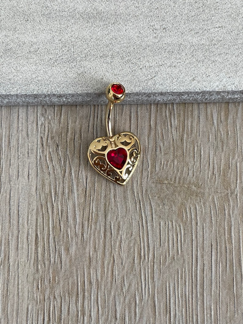 Heart Gold Elegant Belly Button Ring Red Crystal Unique Etsy