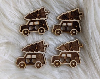 Old Fashioned Car and Christmas Tree Wooden Button, Holiday Birchwood Buttons, Craft, Crochet, Knit, Cozy, Beanie accessory or embellishment