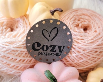 Cozy Season Faux Leather Patches - Crochet Knit Labels/Faux Leather Patches/3 sizes/16 colors/Fall and Autumn Embellishments/Sew On Tag