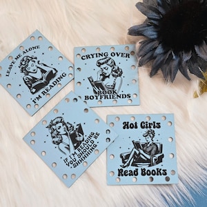 Vintage Girls Granny Square E-Reader Faux Leather Patches ~ Crochet Patches ~ Over 20 color options ~ 4 designs ~ Gift for Booklovers