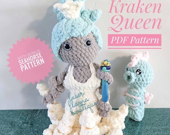 Kraken Queen Crochet Pattern & BONUS Seneca the Seahorse Pattern***PDF Instant Download***, Low Sew Crochet Pattern, Sea Creatures Amigurumi