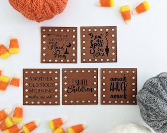 Halloween Saying Patches for Handmade items/5pk-2"x2" Labels/Tags for Crochet Knit or Sew/Tags for Beanies, Cozies, Blankets, Baskets-Pack 1