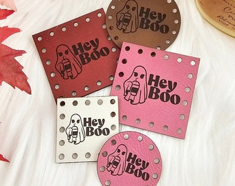 Hey Boo Hat & Cozy Patches ~ Crochet, Knit, Sew On Tags for Handmade Items ~ Autumn Fall Halloween Labels ~ Multiple Sizes ~ 18 colors