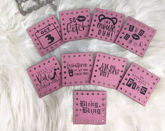Mean Girls 2x2 9 Pack/individual designs also available/vegan friendly faux leather patches/labels for handmade items/crochet knit/