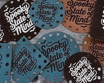Spooky State of Mind ~ Halloween Faux Leather Crochet Patch ~ Sew On Knit Labels ~ Various Size & Colors