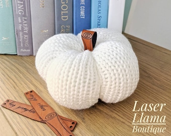 Large PUMPKIN TAGS, Faux Leather Pumpkin Stems for Knit, Crochet, Pumpkins, Knitting Machine Pumpkin Stem Labels 3.75" x .75", Fancy Script