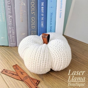 May include: White crocheted pumpkin with a brown leather stem and two brown leather tags that say "cozy vibes" and "hey pumpkin".
