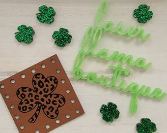 Cheetah Shamrock Clover/Set of 5/Vegan Faux Leather in 15 Colors/2 Sizes/Labels for Crafts/St. Patty's Day/Crochet/Knit/Knitting Machine/Sew