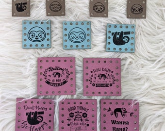 Sloth Faux Leather Tags, Patches for Handmade items, Sew-On Sloth Labels for Crochet, Knit, Sewing