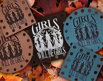 Girls will be girls ~ Halloween Faux Leather Crochet Patch ~ Sew On Knit Labels ~ Various Size & Colors