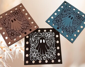 Floral Ghost ~ Halloween Faux Leather Crochet Patch ~ Sew On Knit Labels ~ Various Size & Colors