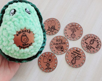 Awesome Avocado Amigurumi Patches/1.5" rounds/Punny Avocado Tags for Plushies/Pack of 7/Pit Patch/Crochet Labels