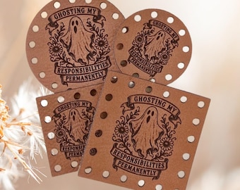 Ghosting Responsibilities ~ Halloween Faux Leather Crochet Patch ~ Sew On Knit Labels ~ Various Size & Colors