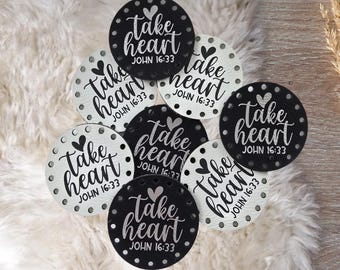 Take Heart ~ John 16:33 ~ Faux Leather Crochet Patch ~ Sew On Knit Labels ~ Various Size & Colors