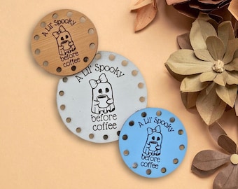 Spooky Before Coffee ~ Halloween Faux Leather Crochet Patch ~ Sew On Knit Labels ~ Various Size & Colors